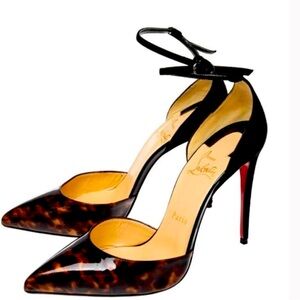 Authentic Louboutin red bottom shoes, black/gold patent leather toe suede back.
